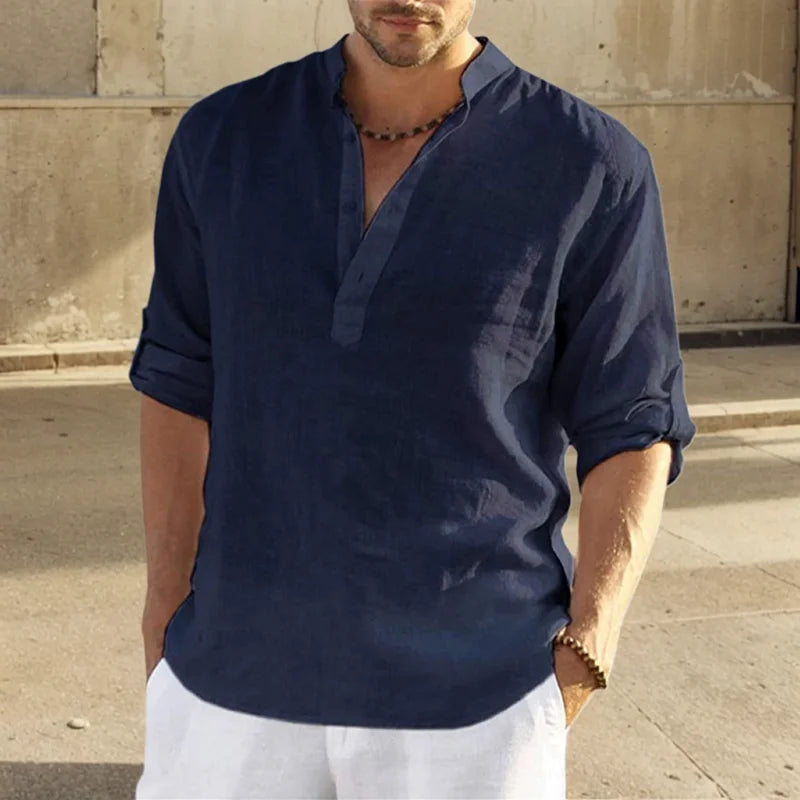 Premium Cotton Linen Stand Collar Shirt