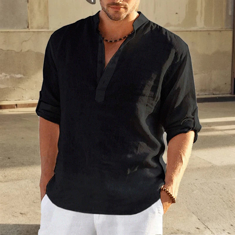 Premium Cotton Linen Stand Collar Shirt