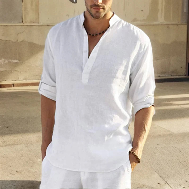 Premium Cotton Linen Stand Collar Shirt